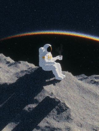Astronaut sitting on Moon drinking coffee