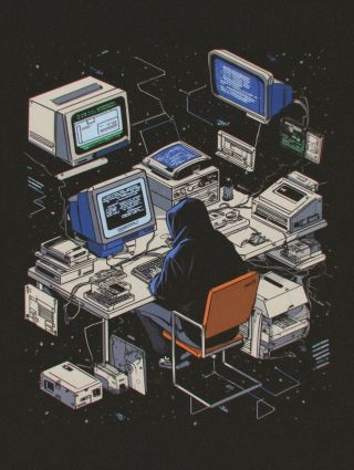 coder sitting at desk surrounded by computers